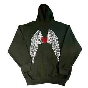 Unisex Black Zip Up Hoodie Angel Wings Heart Graphic King Sportswear Small